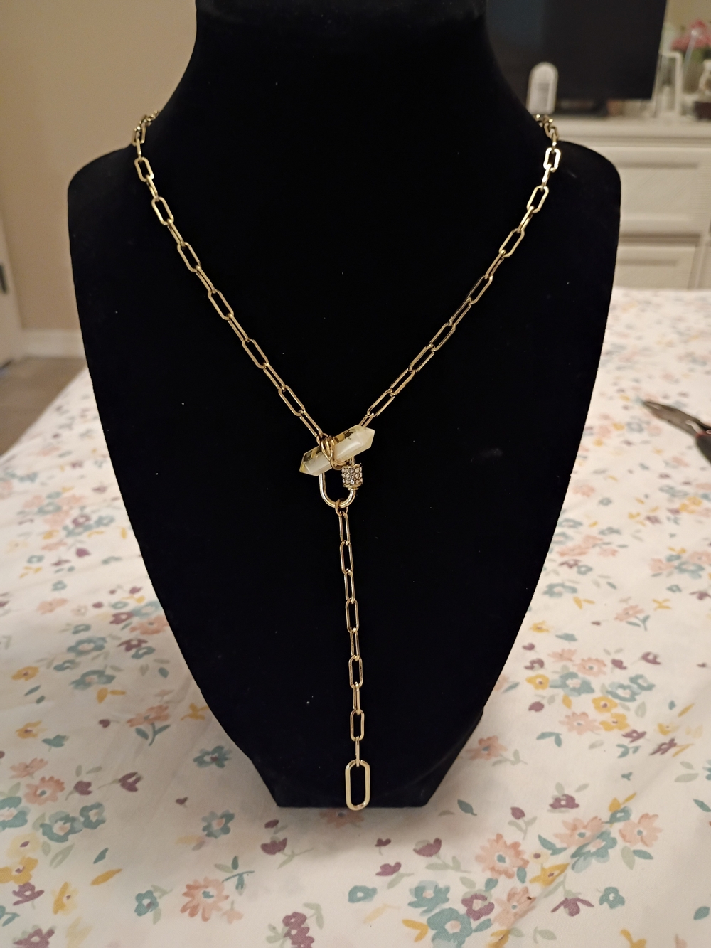 Gold Link Lariat Necklace with Crystal Accent - Women Jewelry